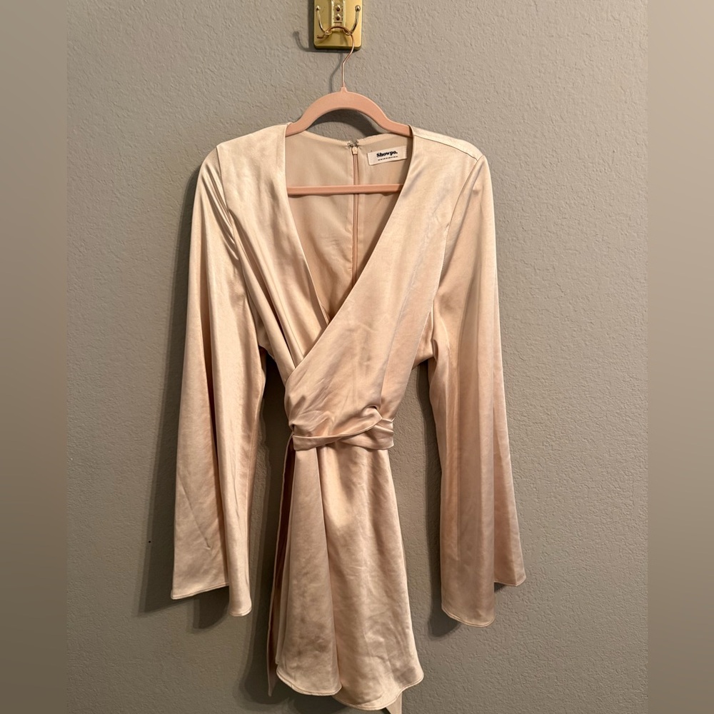 Showpo Blush Satin Wrap Mini Dress | US 12 | Long Sleeve | Cocktail